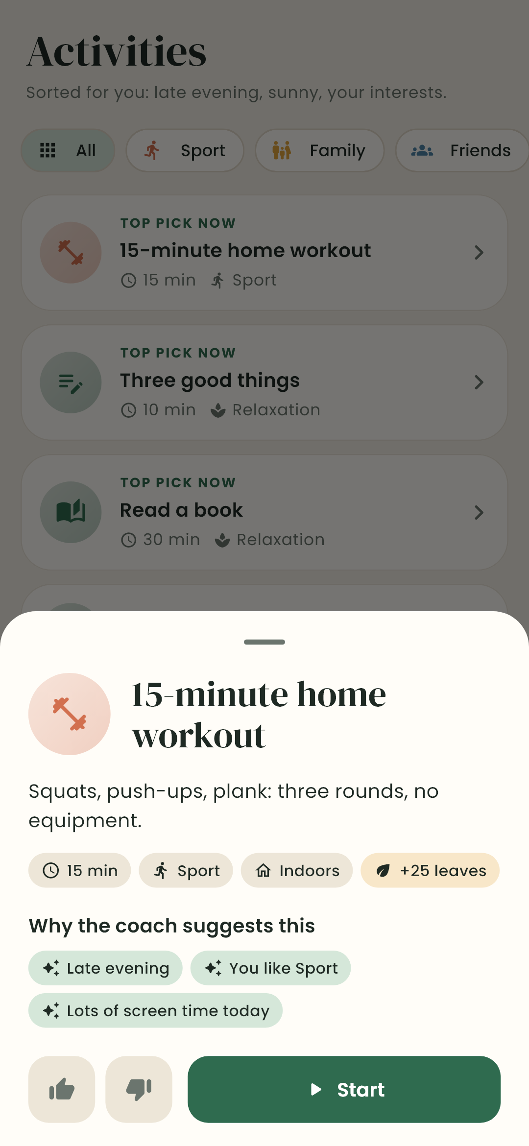 Activity detail: 15-minute home workout, indoors, with the coach's reasons Late evening, You like Sport and Lots of screen time today